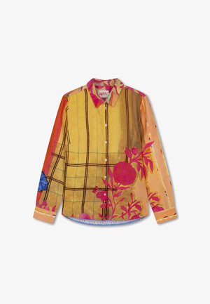 Overhemd met lange mouwen en knopen, gemaakt van stof met een gele basis en een bloemmotief in roze, rood en blauw, gecombineerd met rasterpatronen.