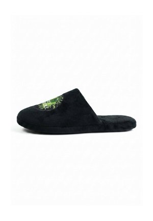 Black plush slip-on slipper with closed toe and green circular graphic on top, displayed on a white background, side view.