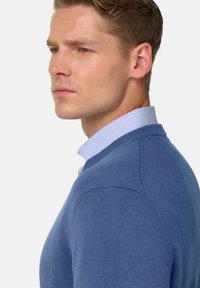 Mėlynas megztinis su apvalia iškirpte, dėvimas virš šviesiai mėlynos ir baltos dryžuotos marškinių, pasižymintis lygiu paviršiumi ir prigludusiu siluetu.