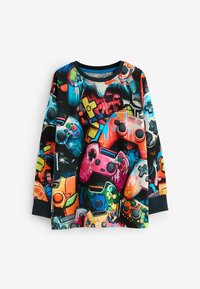 T-shirt a maniche lunghe nera con una stampa colorata che ricopre tutta la superficie, raffigurante vari controller di videogiochi in colori e forme vivaci.