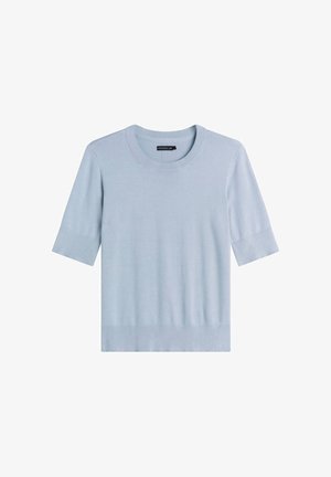 Light blue short-sleeve knit sweater with a round neckline, featuring ribbed cuffs and hem. Smooth texture and minimalistic design.