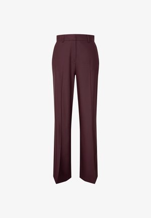 Pantaloni tagliati borgogna con gamba dritta, frontale piatto e passanti per cintura. Realizzati in un tessuto liscio senza motivi o dettagli visibili.