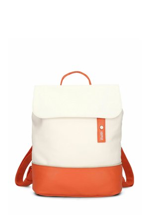 Backpack in white and orange, featuring a smooth texture, top flap closure, adjustable straps, and a front logo accent in orange.