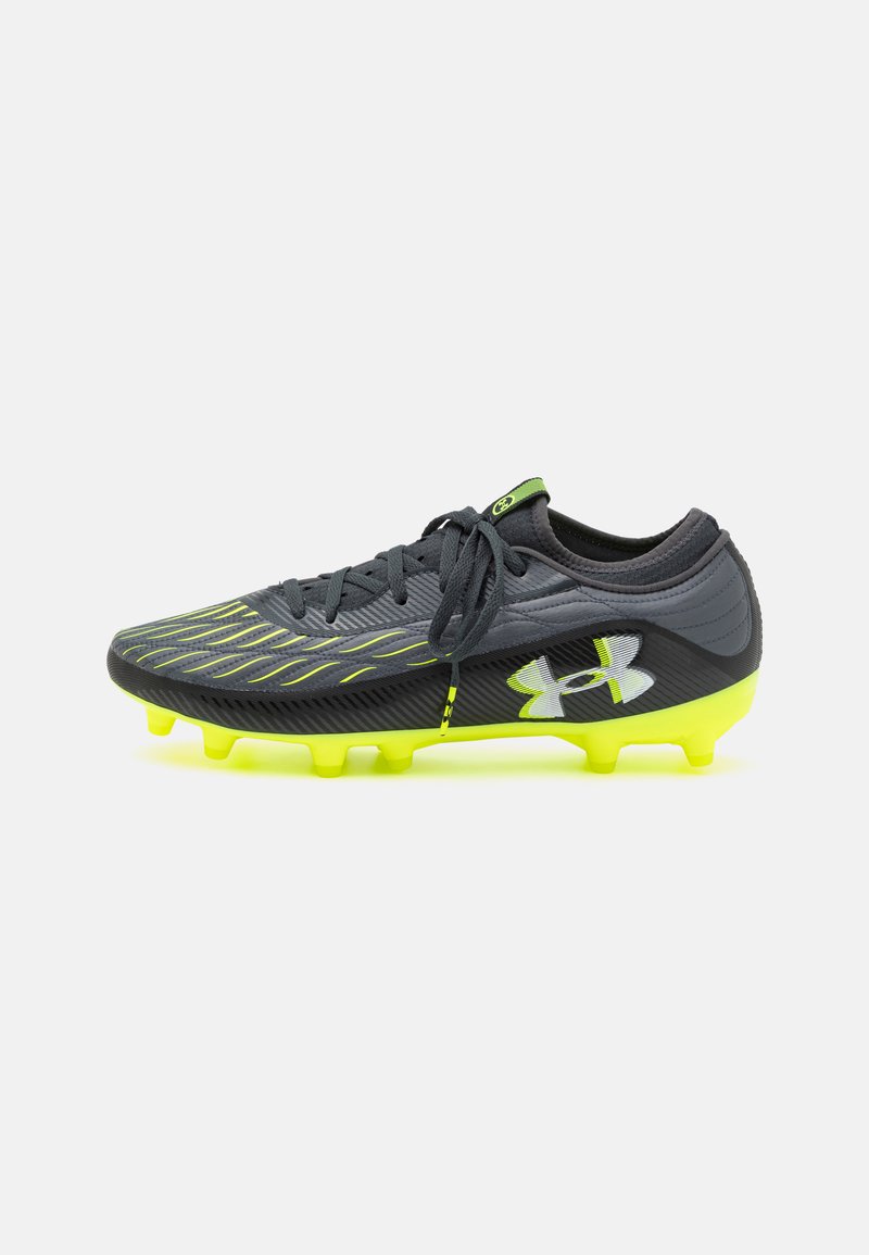 Gray synthetic soccer cleat with bright yellow sole and accents, featuring textured design and lace-up closure.