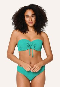 Bandeau bikiny set v živých tyrkysových farbách s textúrovanou tkaninou, ktorý má predný viazací detail a zodpovedajúce vysoké spodné diely.