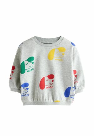 Hellgraues Kinder-Sweatshirt mit bunten Cartoon-Hundegesichtern und dem Text "WOOF!" in roten, grünen, gelben und blauen Drucken überall.