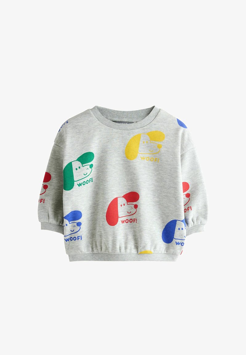 Hellgraues Kinder-Sweatshirt mit bunten Cartoon-Hundegesichtern und dem Text "WOOF!" in roten, grünen, gelben und blauen Drucken überall.