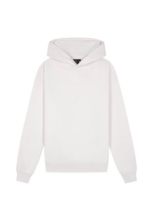 Effen witte capuchonsweater met lange mouwen en geribbelde boorden en zoom, weergegeven op een witte achtergrond.