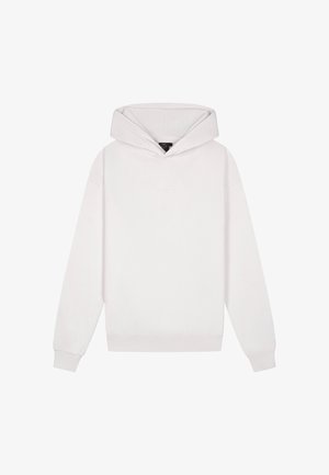 Effen witte capuchonsweater met lange mouwen en geribbelde boorden en zoom, weergegeven op een witte achtergrond.