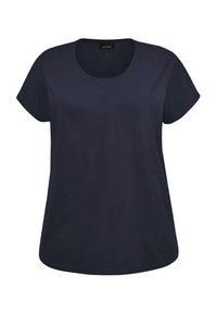 Marineblauwe T-shirt met korte mouwen en een ronde halslijn, gemaakt van gladde stof, met een losse pasvorm en gestikte zoomdetails.
