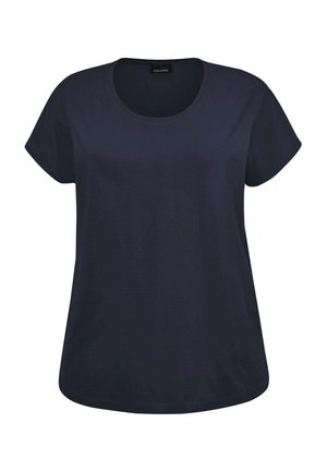 Navyblaues Kurzarm-T-Shirt mit Rundhalsausschnitt, aus glattem Stoff gefertigt, mit lässigem Schnitt und genähten Saum-Details.