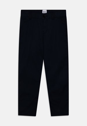 Navy pants made of lightweight cotton blend, featuring a button closure, side pockets, and straight-leg cut. Simple, clean design.