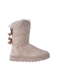 Beżowe zamszowe botki za kostkę z miękkim futerkiem w środku, płaską gumową podeszwą i dwoma brązowymi satynowymi kokardkami po zewnętrznej stronie. Ogólnie gładka faktura.