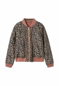Leopardprint bomberjack in beige en zwart, met een roze ribbelkraag en manchetten, voorzien van een gouden ritssluiting aan de voorkant en een elastische zoom.