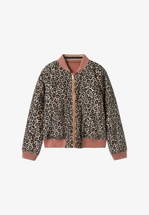 Veste bomber en imprimé léopard beige et noir, avec un col et des poignets côtelés roses, dotée d'une fermeture éclair dorée à l'avant et d'un ourlet élastique.