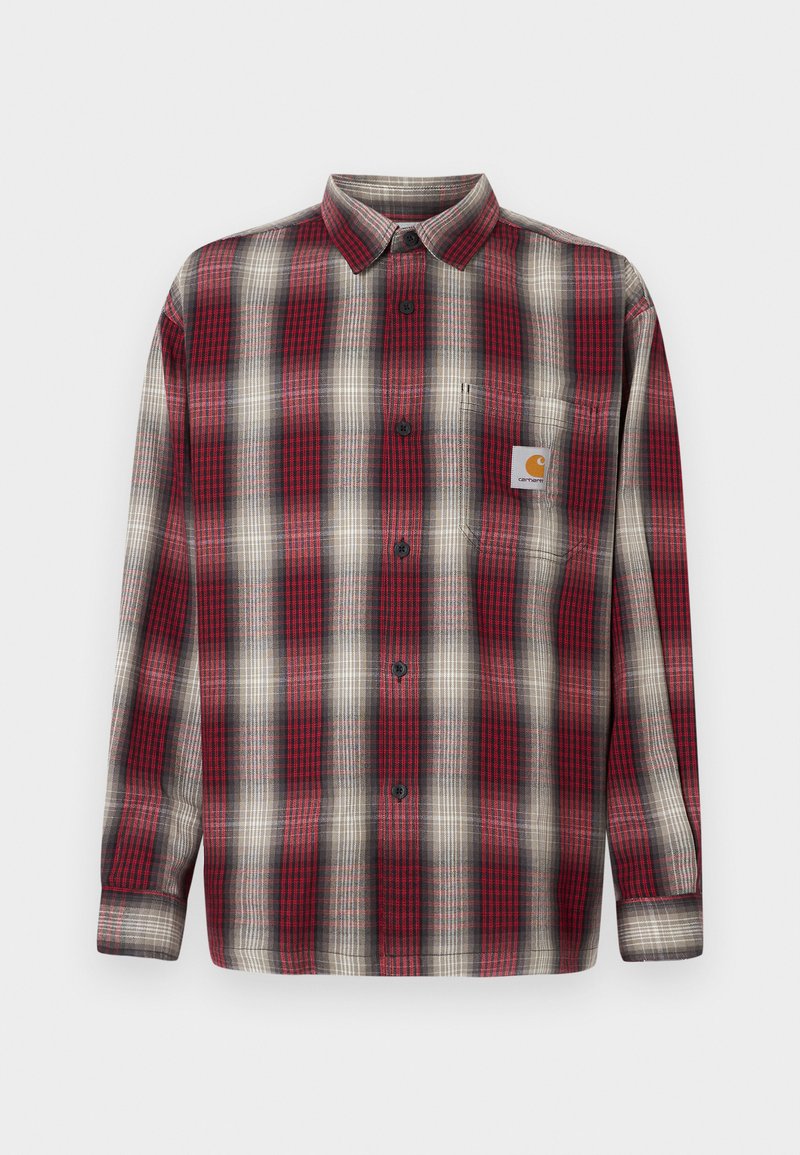 Red and gray plaid flannel shirt with a button-down collar, long sleeves, and a chest pocket featuring a logo tag. Woven texture.