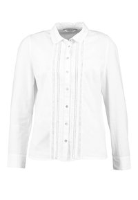 Witte langeslevende shirt gemaakt van katoen met een knoopsluiting aan de voorkant, voorzien van verticale kantdetails en een klassiek kraagontwerp.