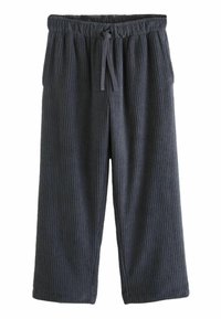 Pantalons côtelés gris foncé avec une taille élastique et un cordon de serrage. Tissu confortable, coupe ample et jambes droites.