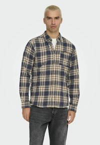 Kariertes Hemd in Blau, Braun und Weiß. Mit einem Button-Down-Kragen und einer einzelnen Brusttasche. getragen mit dunklen Jeans.