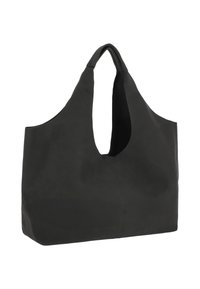 Geantă tote din piele neagră, cu textură moale, design lejer și partea superioară deschisă. Prezintă o singură mâner și detalii minimale de cusături.