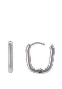 Orecchini a cerchio in argento con forma curva e superficie metallica liscia, dotati di chiusura a gancio e privi di motivi o accenti visibili.