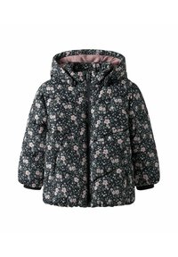 Schwarze Kinder-Daunenjacke mit rosa-weißer Blumenmusterung, Kapuze, Frontreißverschluss und Fleecefutter.