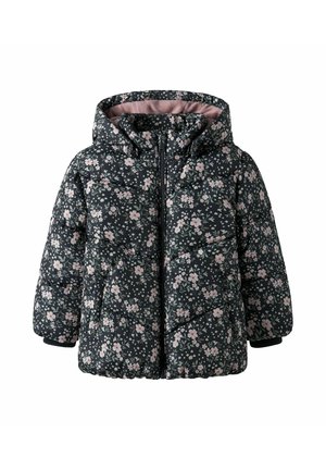 Giubbotto imbottito nero per bambini con stampa floreale rosa e bianca, cappuccio, zip frontale e foderato in pile.