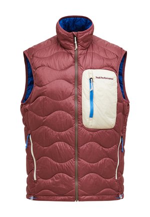 Ärmellose, kastanienbraune gesteppte Weste mit blauem Innenfutter, durchgehendem Frontreißverschluss und beigefarbener, mit Reißverschluss versehener Brusttasche mit der Aufschrift "Peak Performance".