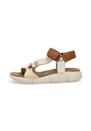 Sandalia de cuero marrón y blanco con una correa texturizada, correa para el tobillo ajustable, suela beige y plantilla acolchada. Adecuada para el uso casual.