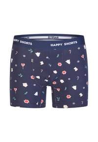 Modré bavlněné boxerky s páskem "HAPPY SHORTS", zdobené hravým vzorem ikon s vánoční tématikou v červené, zelené a bílé barvě.