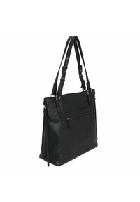 Schwarze Leder-Tote mit verstellbaren Trägern, einer Reißverschlusstasche auf der Vorderseite und einer strukturierten Oberfläche. Rechteckige Form mit sanften Kanten.