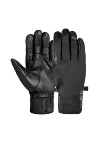 Black gloves featuring a leather palm and fabric back, including a snug wrist cuff and a textured grip on the palm area.