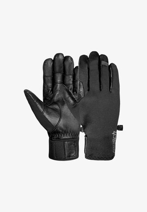 Zwarte handschoenen met een leren palm en een stoffen rug, inclusief een strakke polsband en een gestructureerde grip op het palmgebied.