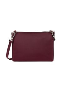 Borsa a tracolla bordeaux con zip, realizzata in tessuto liscio, dotata di tracolla removibile e dettagli in hardware argentato. Forma rettangolare semplice.