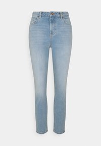 Jeans de cintura alta azul claro feitos de denim. Apresentam um fecho de correr e um único botão. Ajuste slim com desbotamento subtil.