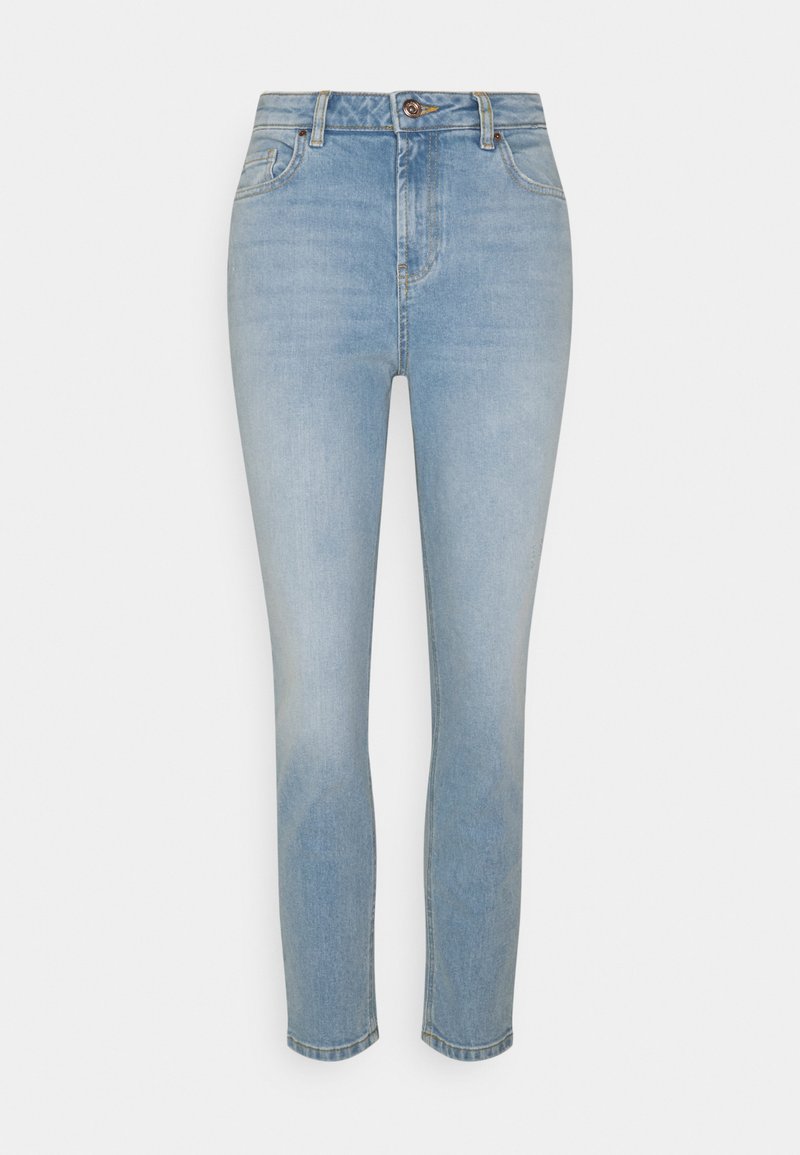 Jeans de cintura alta azul claro feitos de denim. Apresentam um fecho de correr e um único botão. Ajuste slim com desbotamento subtil.