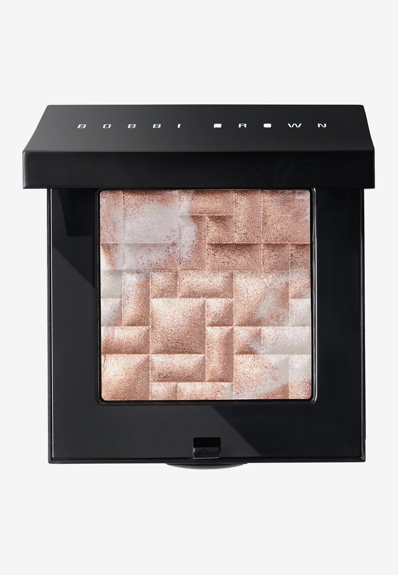 Compact make-up palette met een zwarte buitenkant. De binnenzijde heeft een texturepatroon van roségoud en crèmekleurige tinten in geometrische vormen.