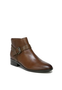 Brown leather ankle boot featuring a pointed toe, a side strap with a buckle accent, and a stacked heel. Smooth texture with minimal detailing.