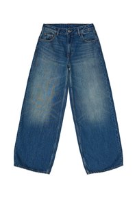 Wide-leg denim jeans in medium blue, featuring a faded wash, traditional five-pocket design, and a button-fly closure.