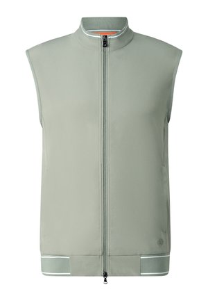 Hellgraue ärmellose Softshell-Weste mit Frontreißverschluss, hohem Kragen, Seitentaschen und reflektierenden Streifen am Saum.