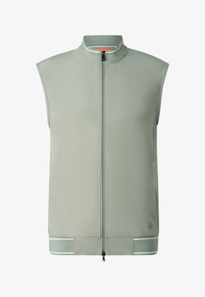 Light grey sleeveless softshell vest with front zipper, high collar, side pockets, and reflective strips on the hem.