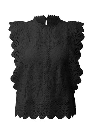 Top negro sin mangas de encaje con bordes ondulados, patrones florales, cuello alto y cierre con botón en forma de ojo de cerradura en la parte posterior.