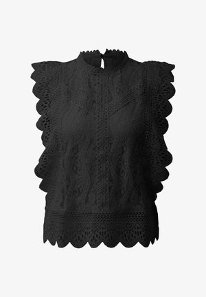 Top in pizzo nero senza maniche con bordi smerlati, motivi floreali, collo alto e chiusura con bottone a occhiello sulla schiena.