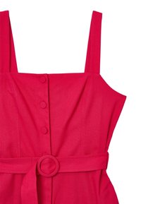 Fuchsia Kleid mit breiten Trägern, quadratischem Ausschnitt, Knöpfen vorne und einem Gürtel mit einer runden Schnalle in der Taille. Aus strukturiertem Stoff gefertigt.