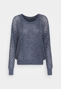 Maglione lavorato a maglia di colore blu scuro con una vestibilità ampia, maniche lunghe, scollatura rotonda e motivo a punti aperti con accenti diagonali.