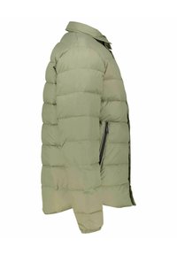 Giacca puffer verde chiaro con design trapuntato, dotata di colletto e tasche laterali con zip, realizzata in un materiale morbido simile al nylon.