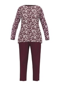 Long-sleeve top features a burgundy floral pattern on a light background; paired with solid burgundy pants, both made of soft fabric.