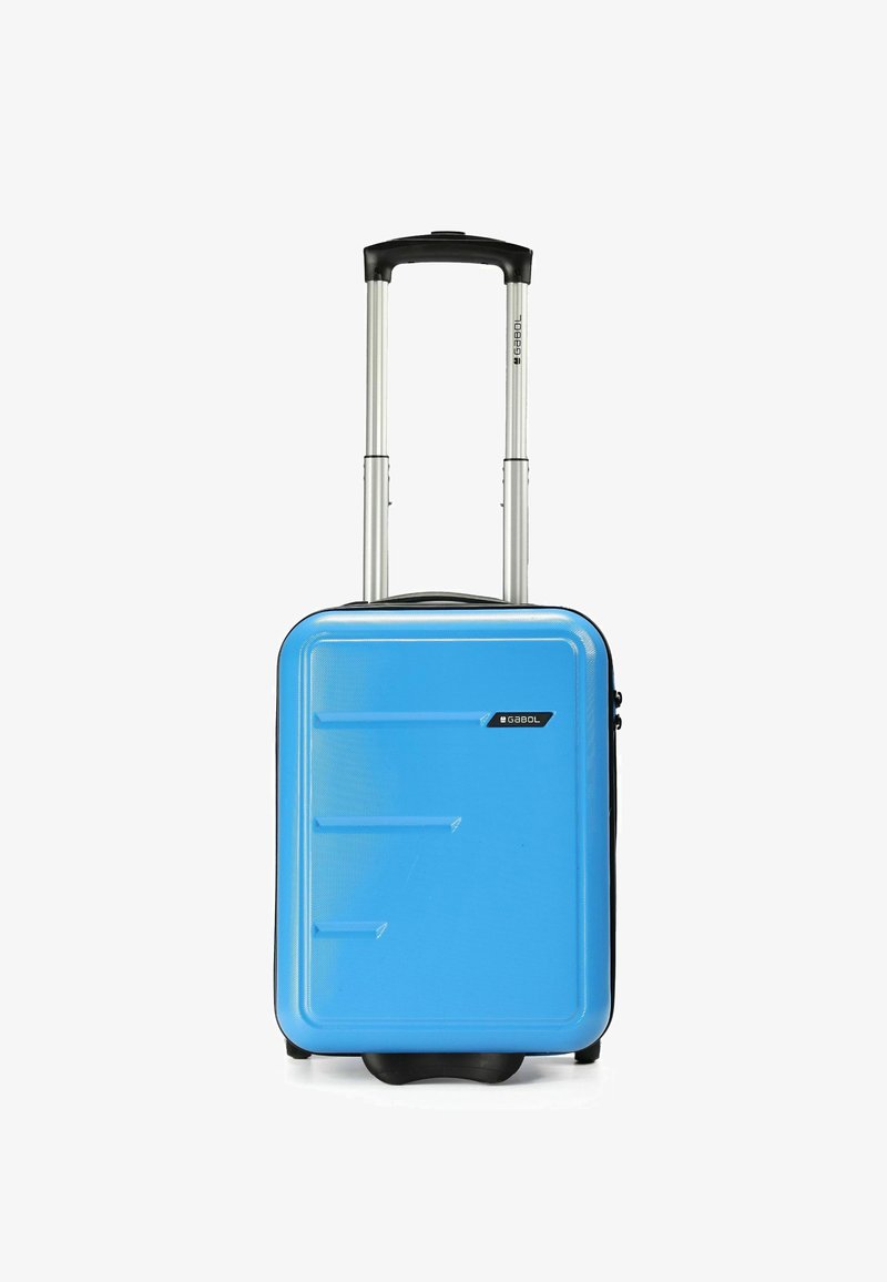 Blauwe harde koffer met een gladde afwerking, inklapbare aluminium handgreep en zwarte accenten. Heeft ondiepe groeven en een prominente logo.