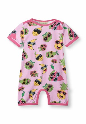 Ružový detský overal s farebnými ovocnými postavičkami v slnečných okuliaroch, vrátane ananásov, banánov, melónov a jabĺk.