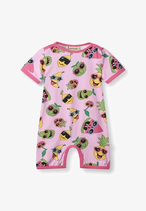 Ružový detský overal s farebnými ovocnými postavičkami v slnečných okuliaroch, vrátane ananásov, banánov, melónov a jabĺk.